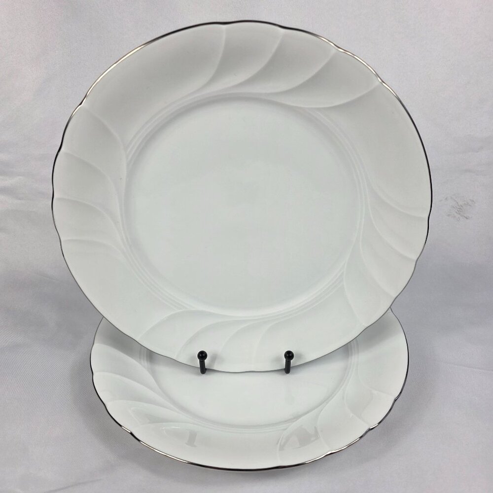 TWO Mikasa Wedding Band Platinum Dinner Plates Swirled Platinum Trim